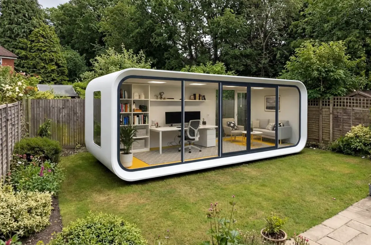 a render of a large garden pod equipped as a home office in a British garden
